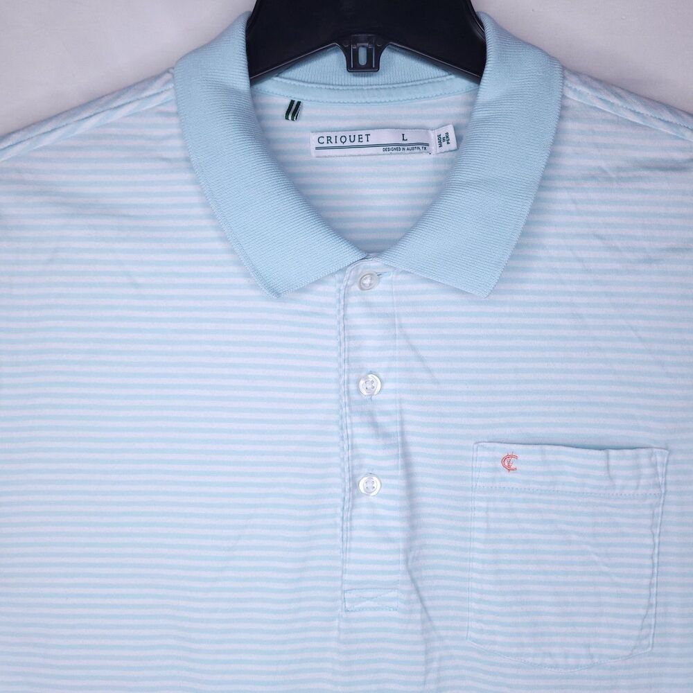 Criquet Polo Shirt Mens Large Striped Light Blue Short Sleeve Pima Cotton